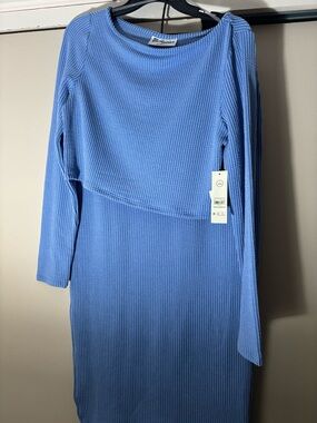Unbranded Blue Ribbed Knit Long-Sleeve Midi Dress